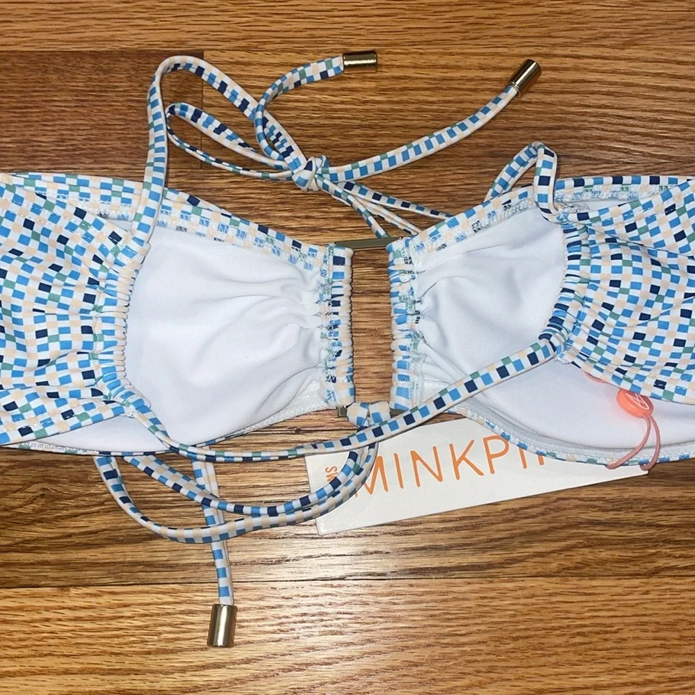 NWT mink-pink blue and white bikini top